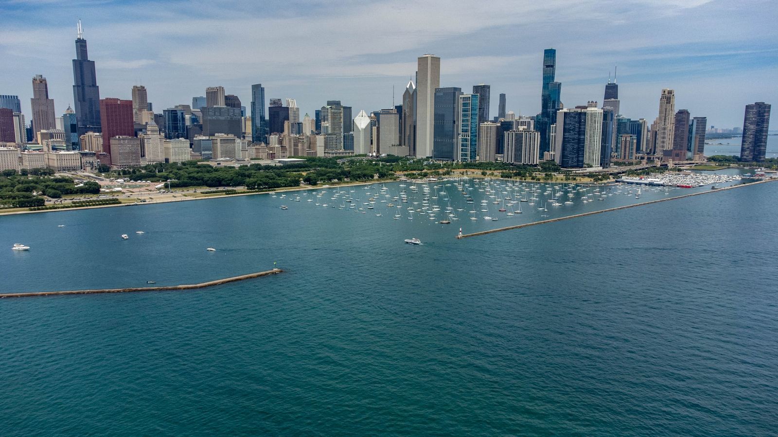 Chicago skyline and harbor on Lake Michigan from above