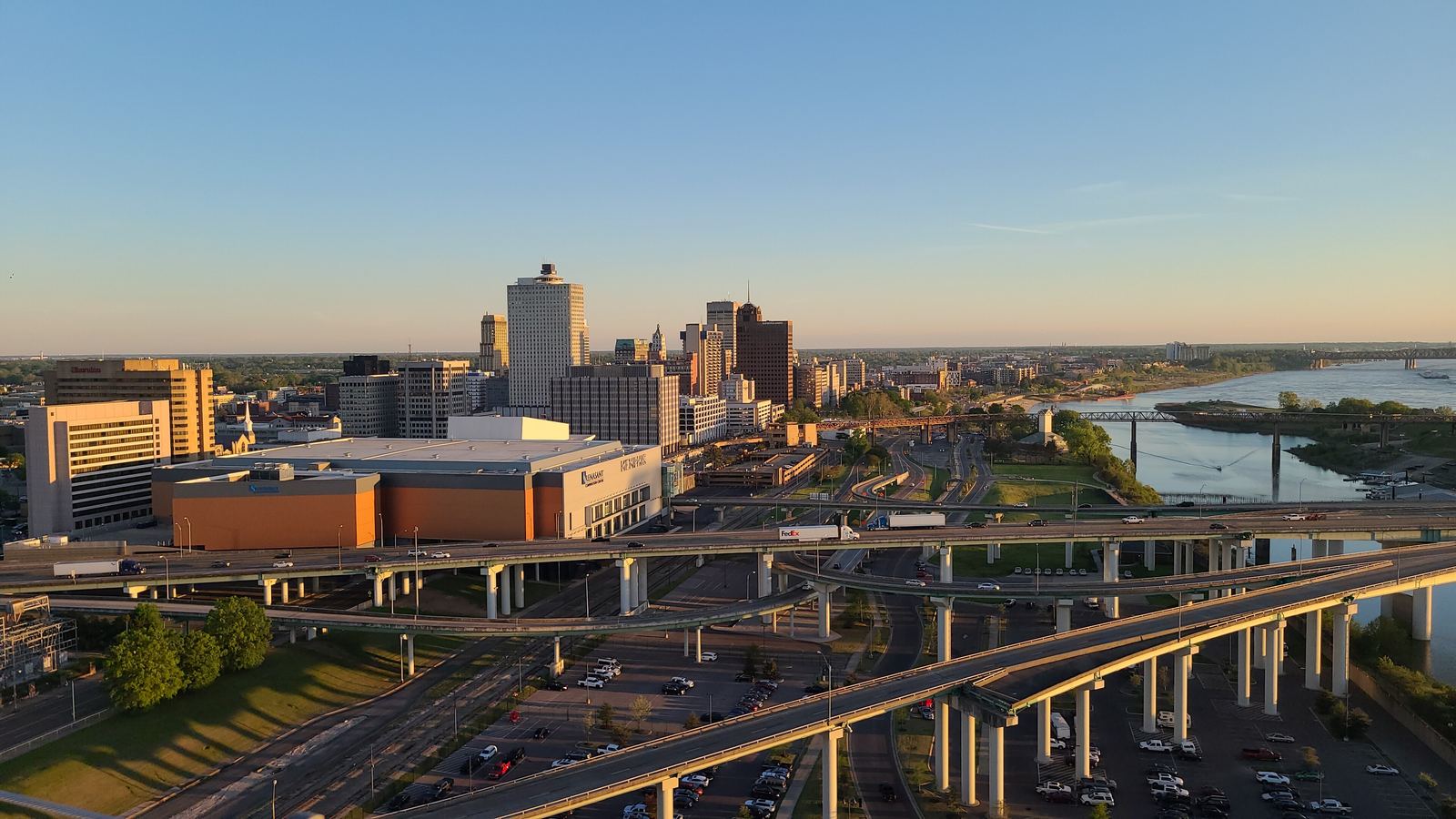 Downtown Memphis at sunset beside the Mississippi River