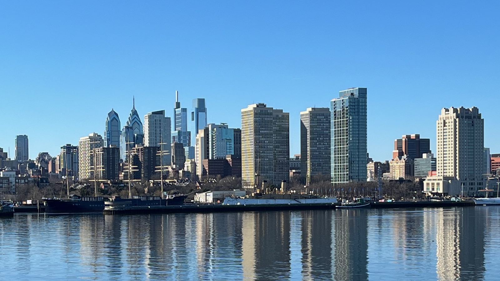 Philadelphia skyline across the Delaware River from the Camden waterfront